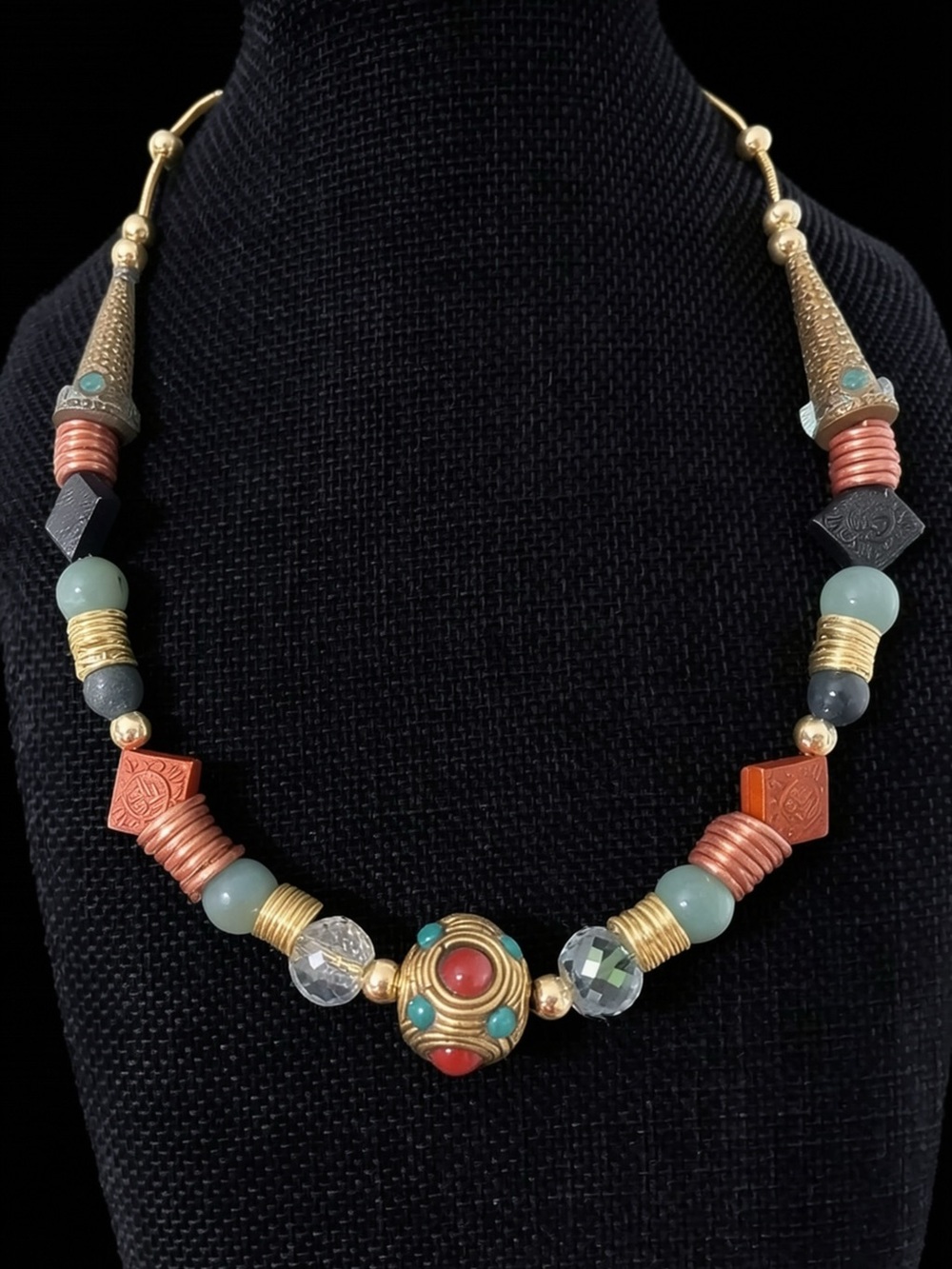 Beaded Multi-Color Statement Necklace - Gold Accents